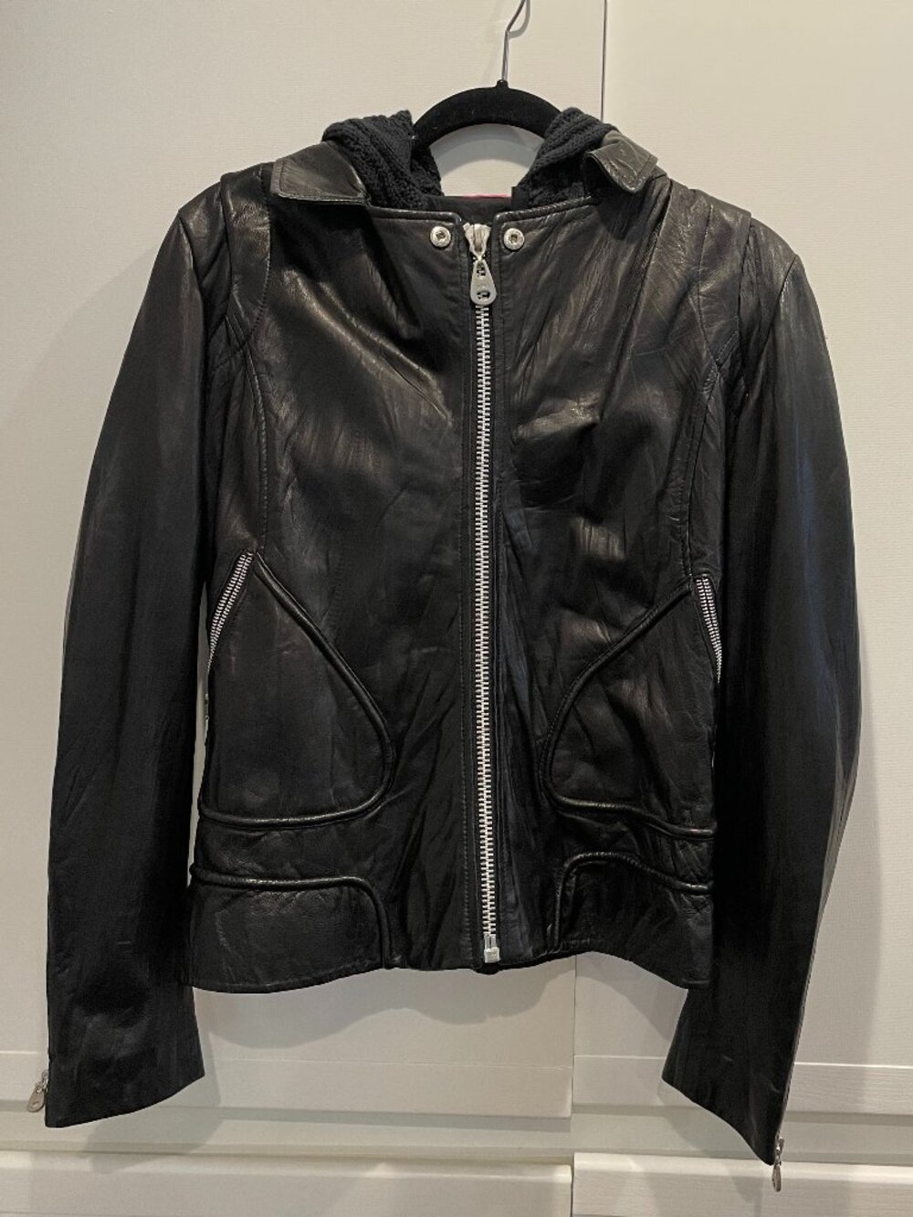 DOMA Black Hooded Leather Jacket Women's XL
